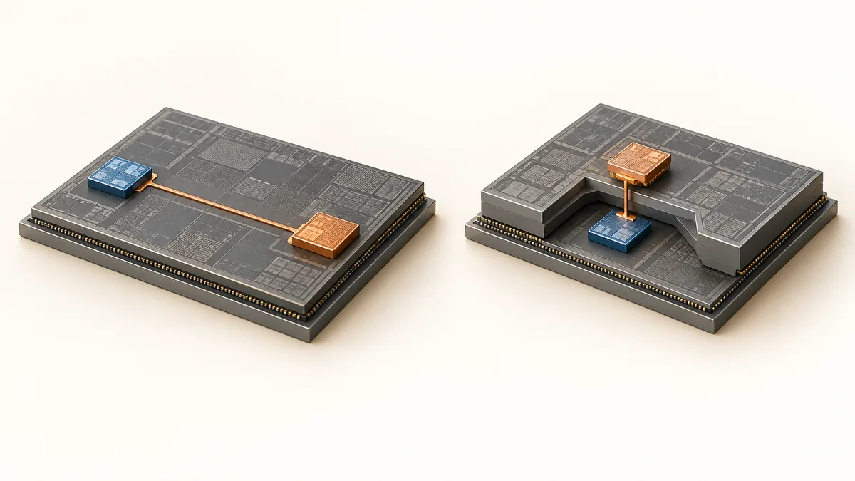 On the left, circuits A and B on a single layer joined by a long connection; on the right, B placed on top of A with a short vertical connection