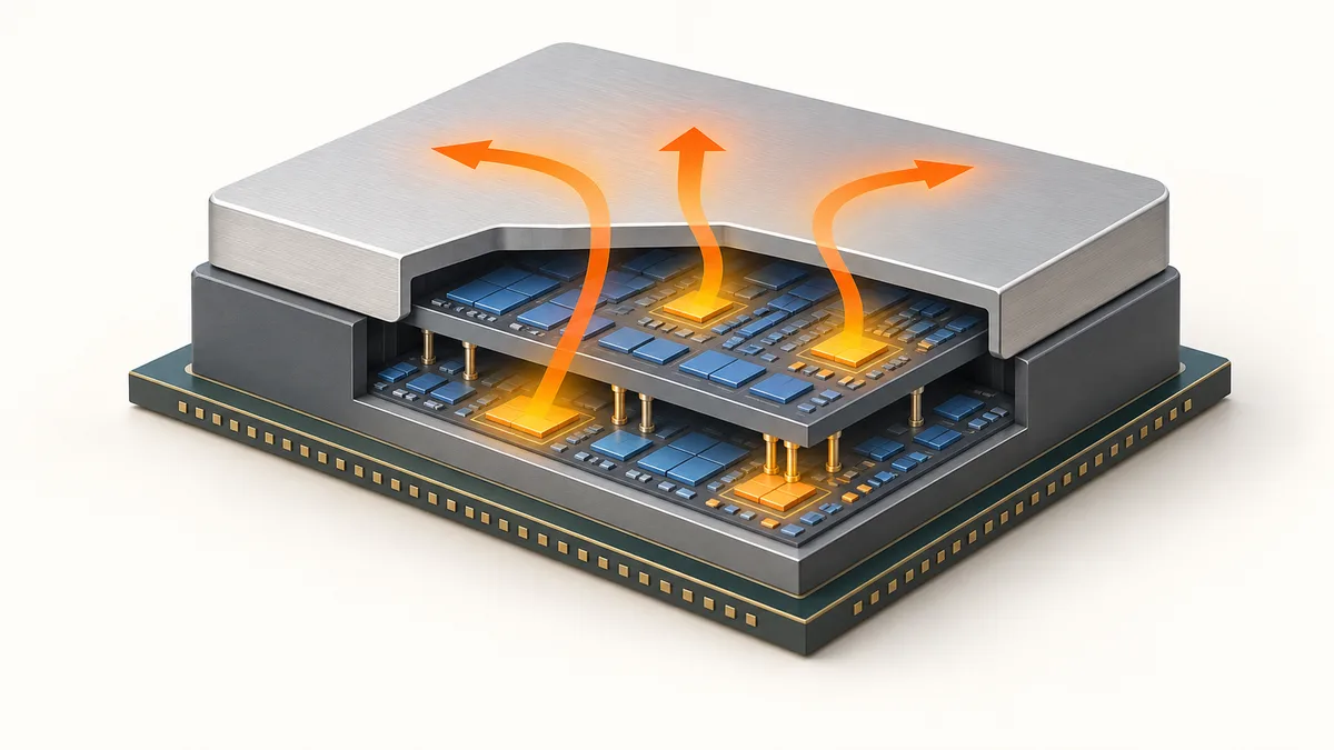 Cutaway of a chip with two stacked active layers, warm zones in orange and arrows showing how the heat escapes